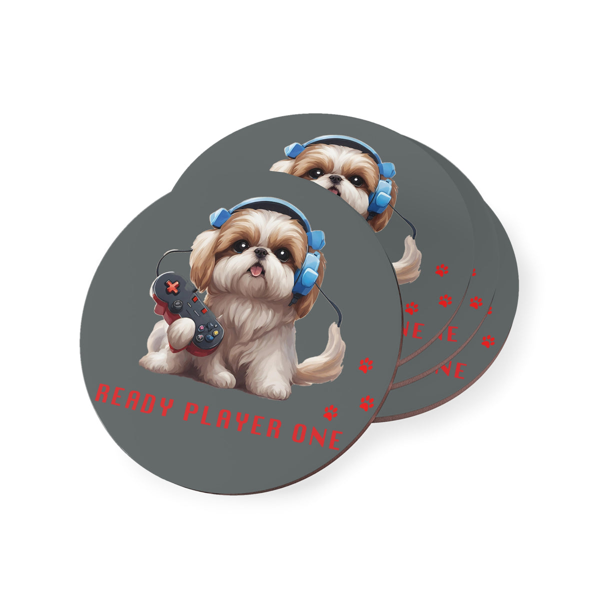 Four #18 Ready Player One round coasters stacked