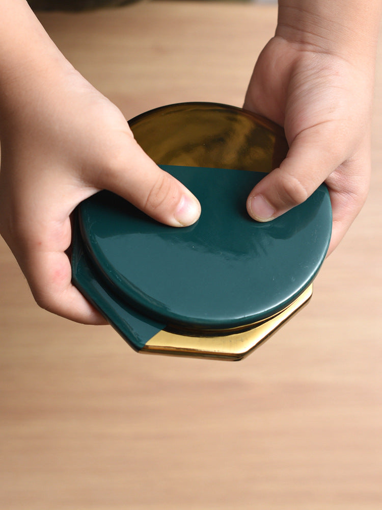 Vintage green gilded ceramic coaster, view 2