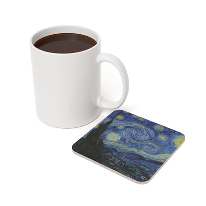 The Starry Night coaster in use beside a mug of coffee