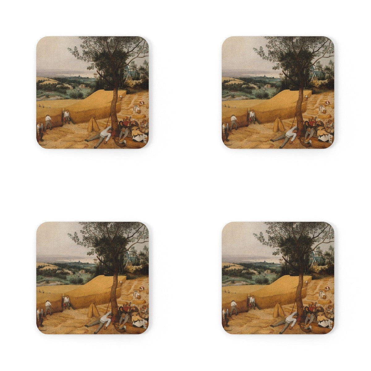 Four coasters printed with The Harvesters