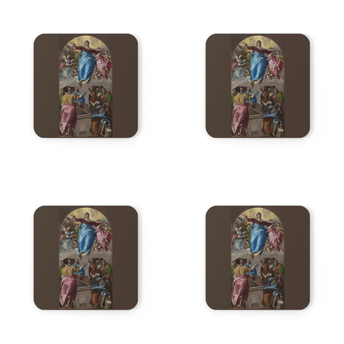 Four coasters printed with The Assumption of the Virgin