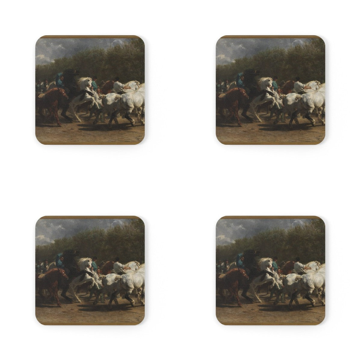 Four coasters printed with The Horse Fair
