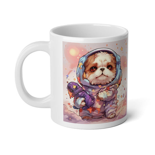 The Shih-Tzu-Naut jumbo mug, facing out: a Shih Tzu in a pastel space suit holding a rocket among stars and clouds, printed full height.