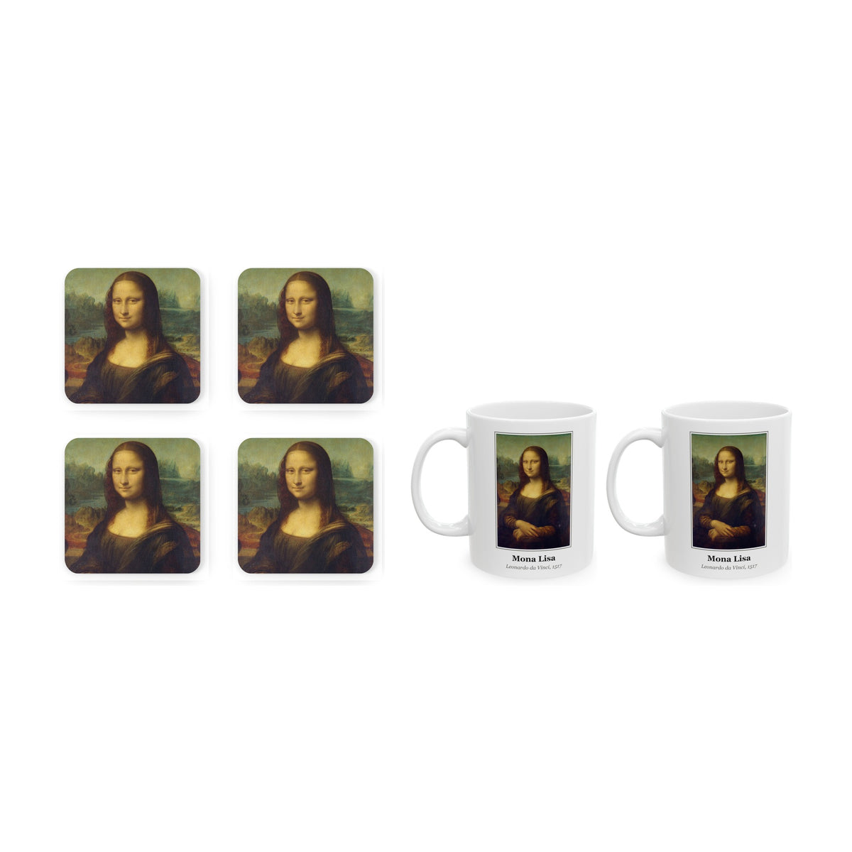 Mona Lisa set of four cork coasters with two matching 11oz mugs