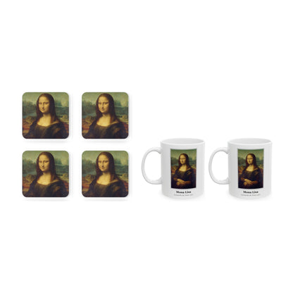Mona Lisa set of four cork coasters with two matching 11oz mugs