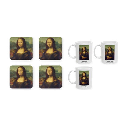 Mona Lisa set of four cork coasters with three matching 11oz mugs