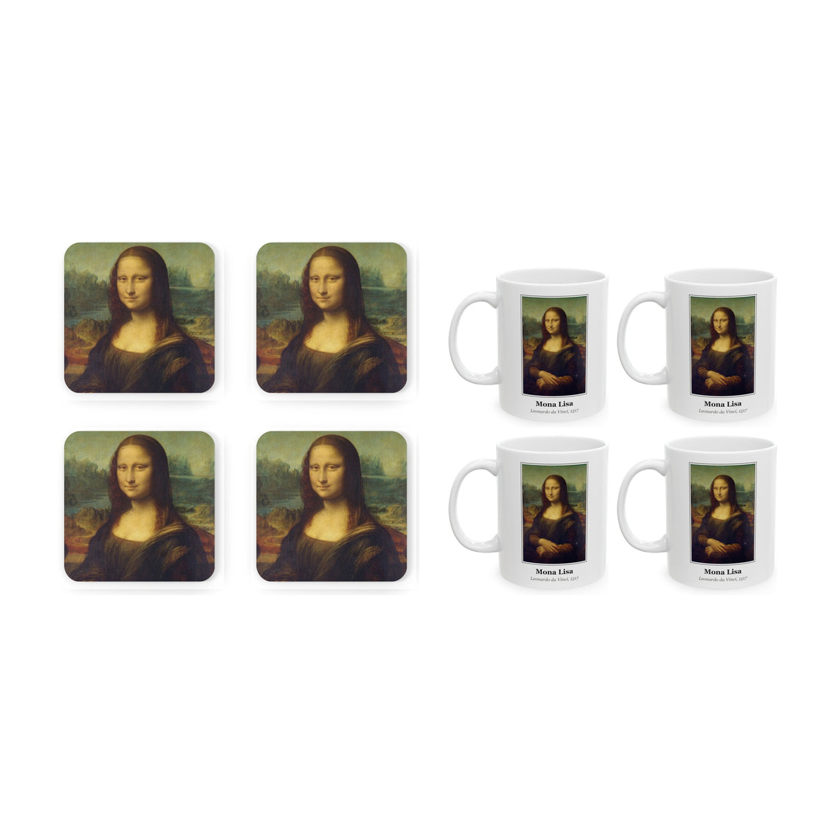 Mona Lisa set of four cork coasters with four matching 11oz mugs
