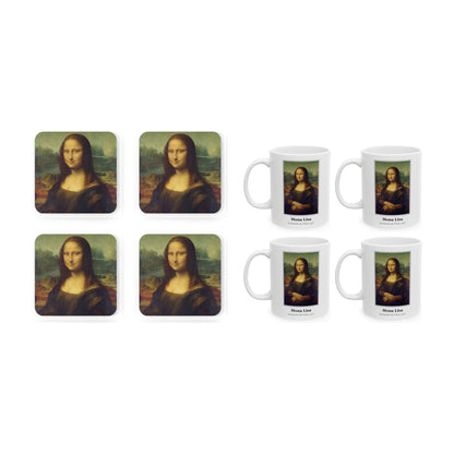 Mona Lisa set of four cork coasters with four matching 11oz mugs