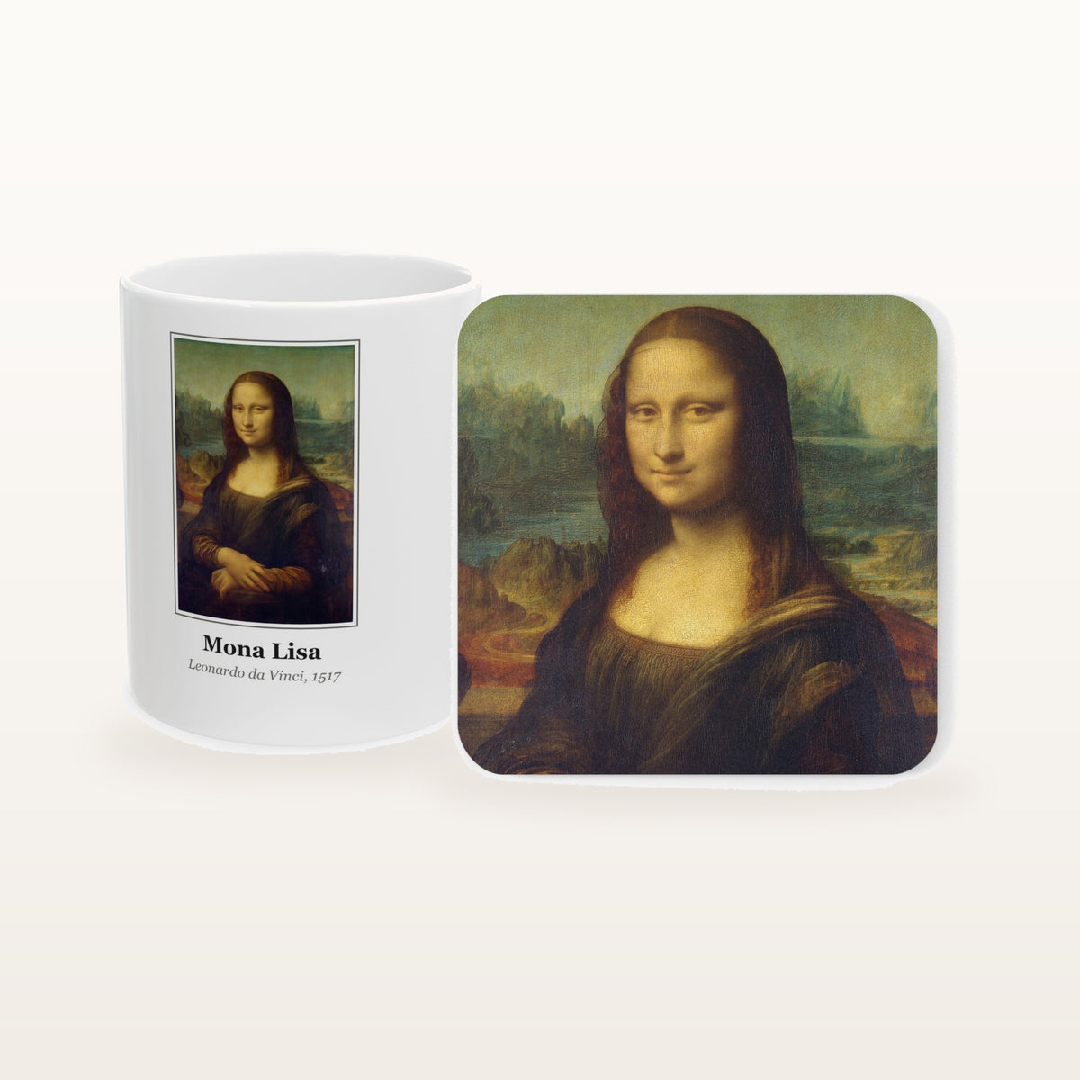 The Mona Lisa mug and the matching coaster side by side, both printed with the painting