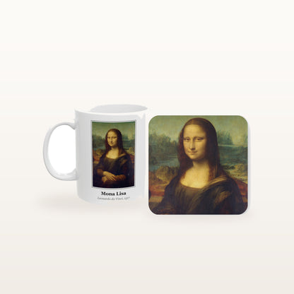 The Mona Lisa mug and the matching coaster side by side, both printed with the painting