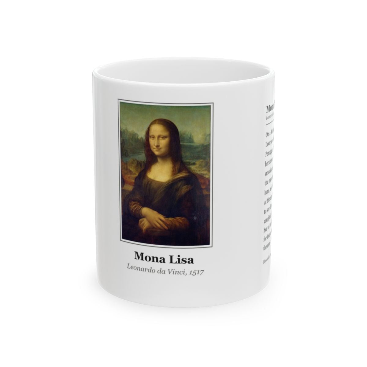 The mug in the pair, seen from the front with the painting and its label