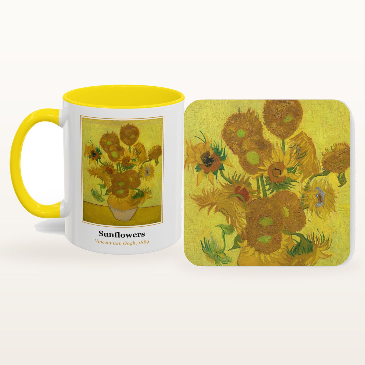 The Sunflowers mug and the matching coaster side by side, both printed with the painting