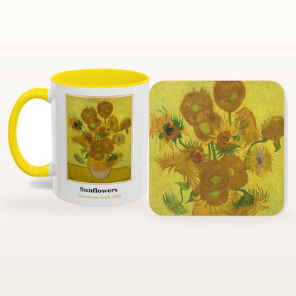 The Sunflowers mug and the matching coaster side by side, both printed with the painting