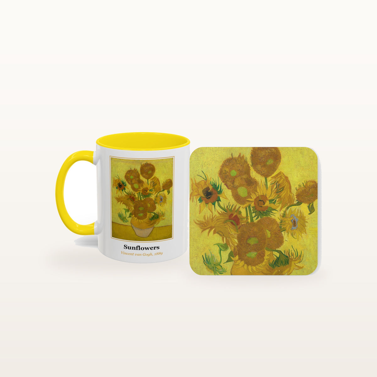 The Sunflowers mug and the matching coaster side by side, both printed with the painting