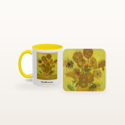 The Sunflowers mug and the matching coaster side by side, both printed with the painting