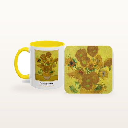 The Sunflowers mug and the matching coaster side by side, both printed with the painting