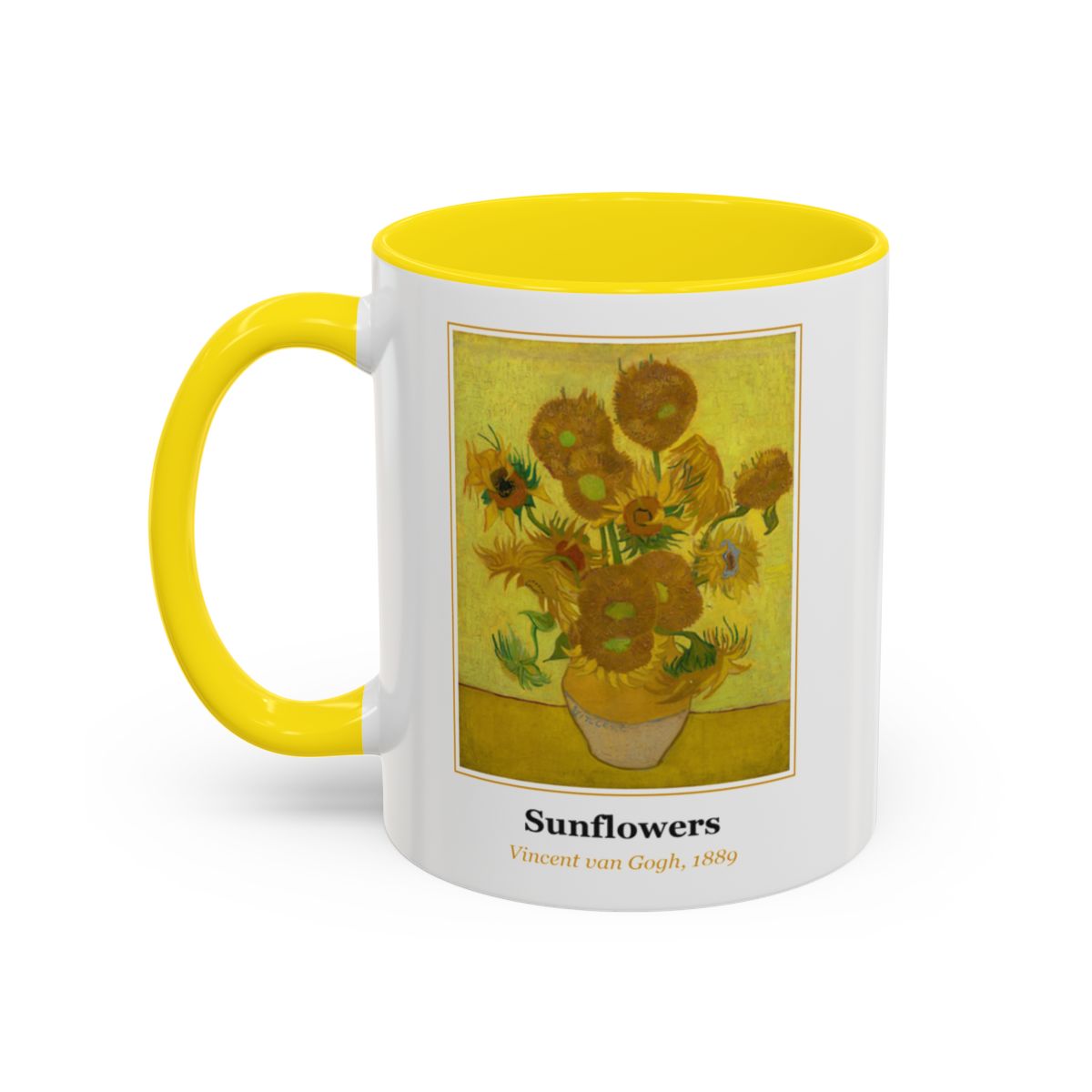 #23 Sunflowers mug — the framed painting with its title and artist beneath, as seen from across the table