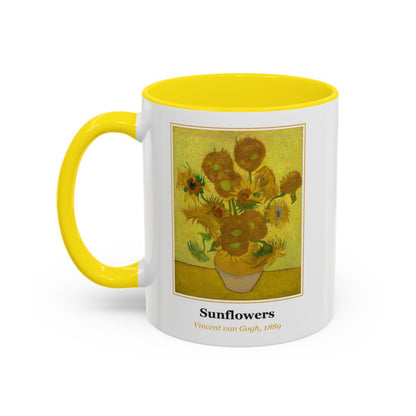 #23 Sunflowers mug — the framed painting with its title and artist beneath, as seen from across the table