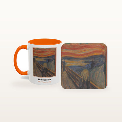 The Scream mug and the matching coaster side by side, both printed with the painting