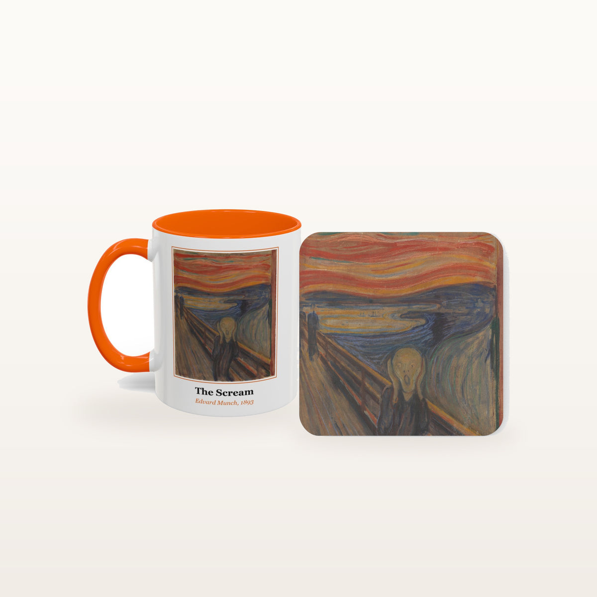 The Scream mug and the matching coaster side by side, both printed with the painting