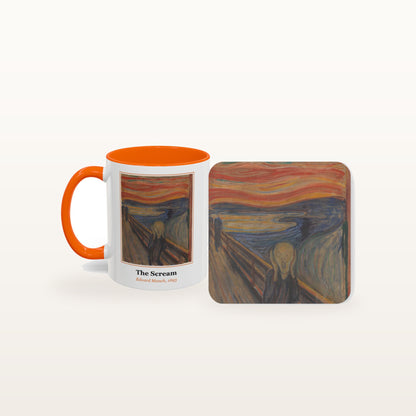 The Scream mug and the matching coaster side by side, both printed with the painting