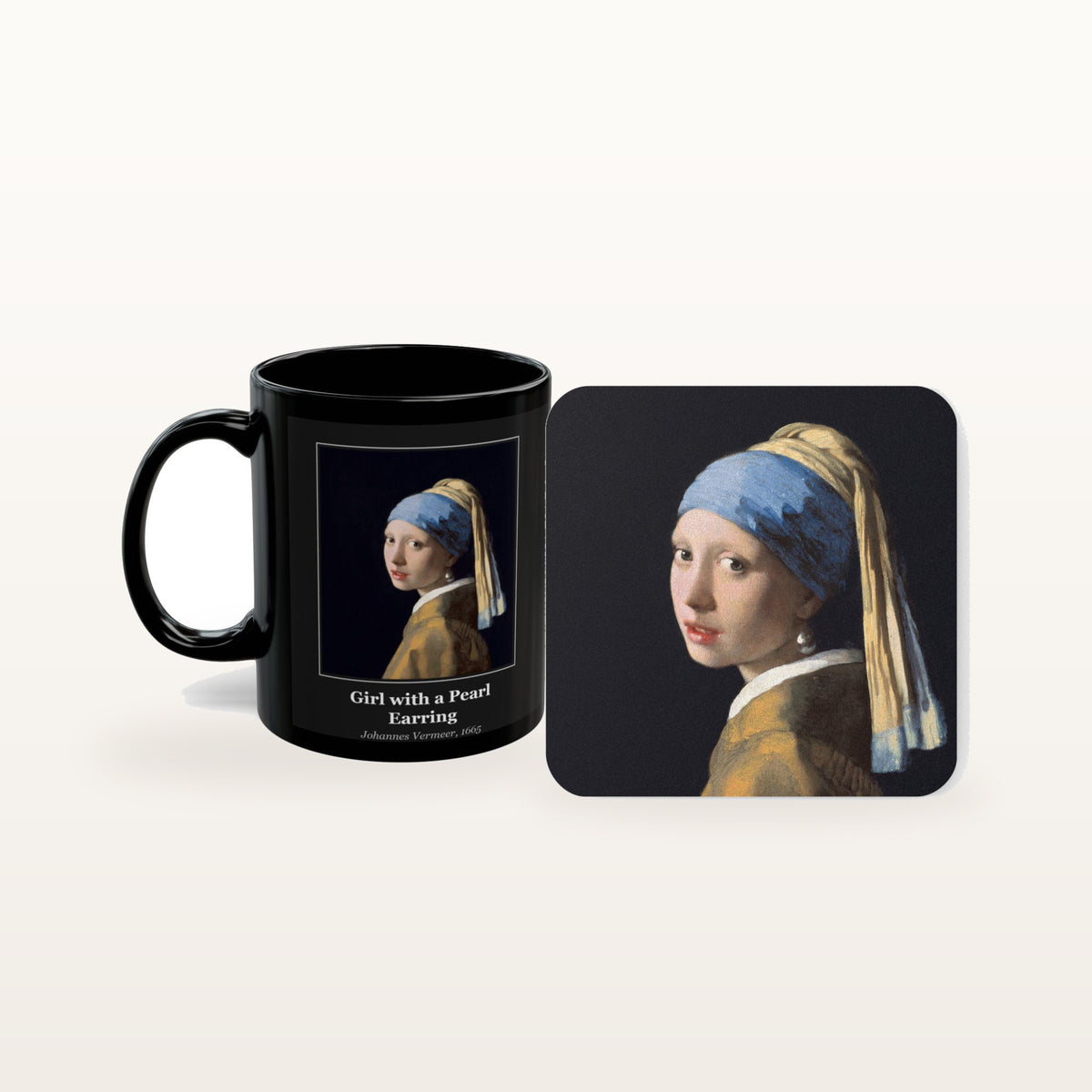 The Girl with a Pearl Earring mug and the matching coaster side by side, both printed with the painting