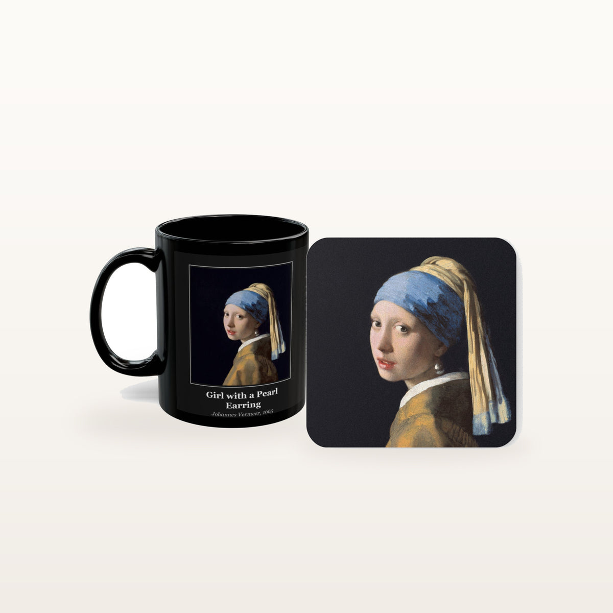 The Girl with a Pearl Earring mug and the matching coaster side by side, both printed with the painting