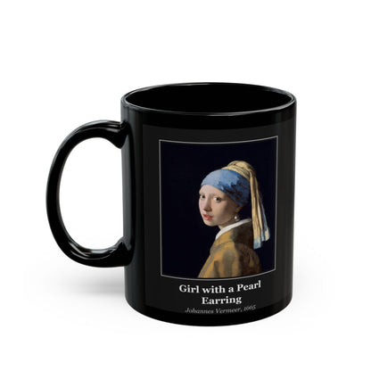 #25 Girl with a Pearl Earring mug — the framed painting with its title and artist beneath, as seen from across the table