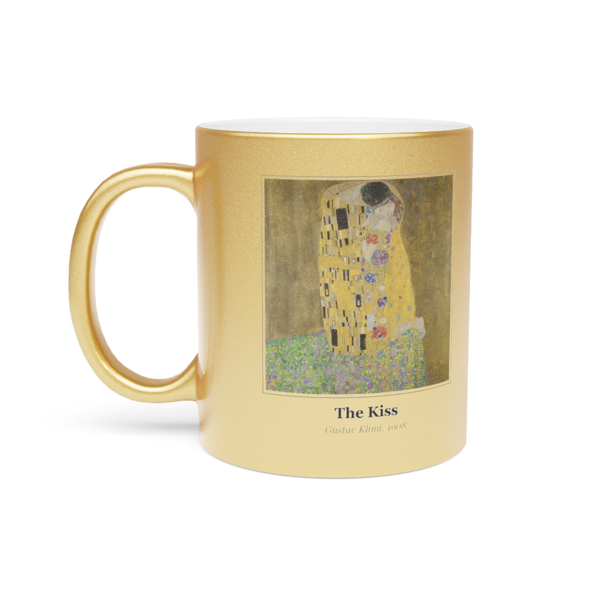 #26 The Kiss mug — the framed painting with its title and artist beneath, as seen from across the table