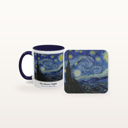 The Starry Night mug and the matching coaster side by side, both printed with the painting