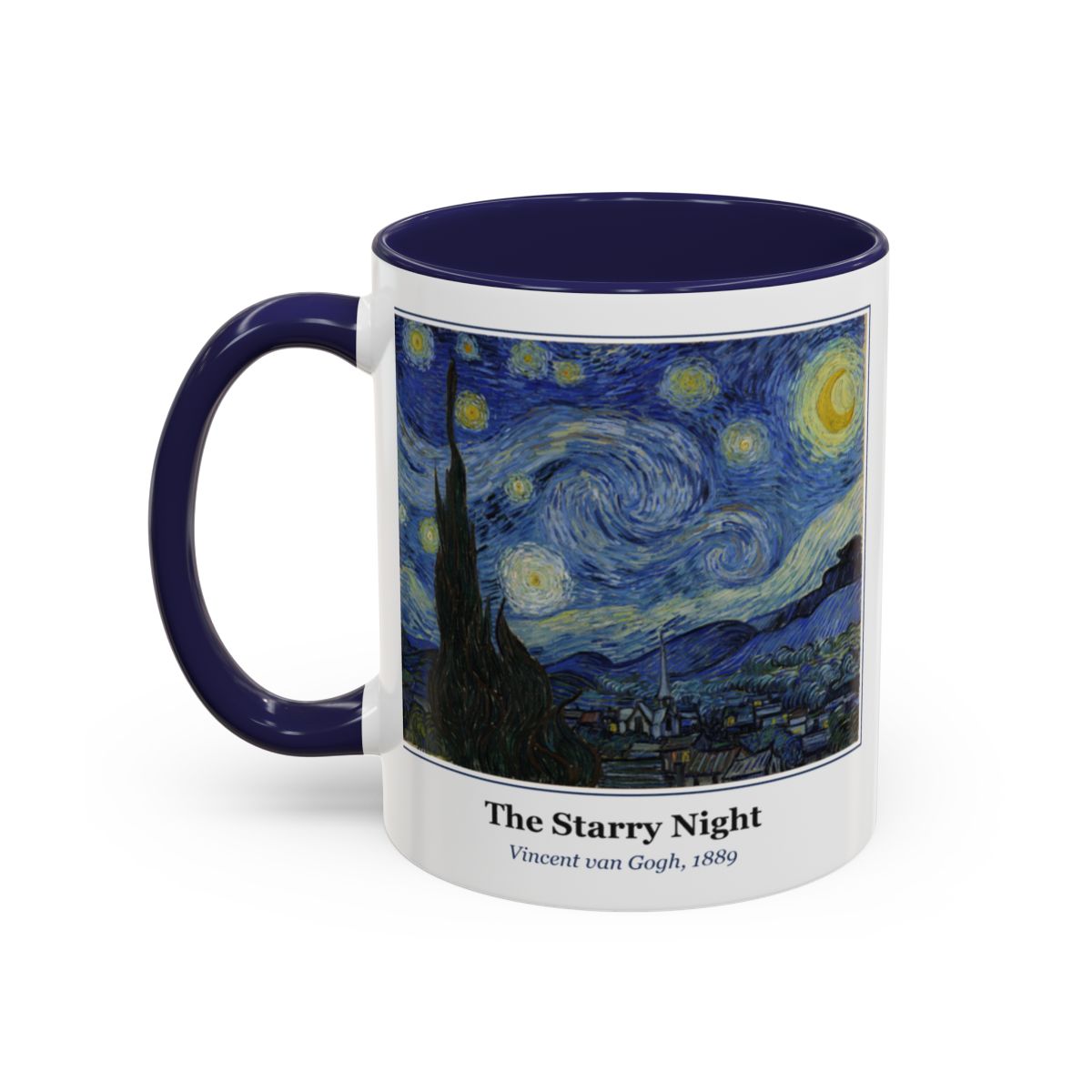 #27 The Starry Night mug — the framed painting with its title and artist beneath, as seen from across the table