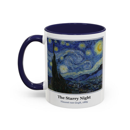 #27 The Starry Night mug — the framed painting with its title and artist beneath, as seen from across the table