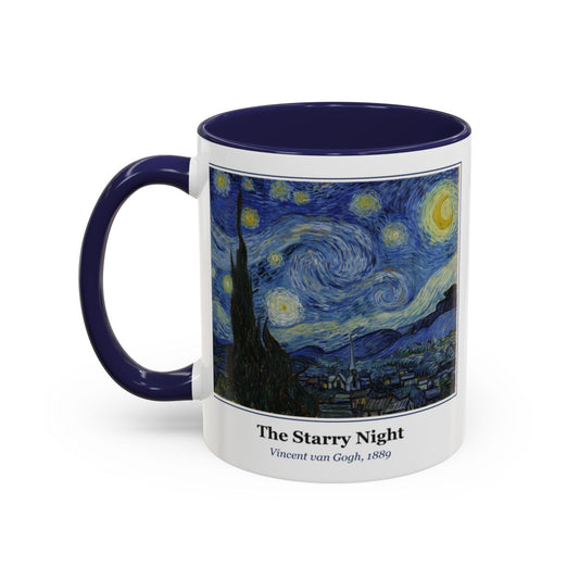 #27 The Starry Night mug — the framed painting with its title and artist beneath, as seen from across the table