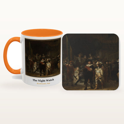 The Night Watch mug and the matching coaster side by side, both printed with the painting