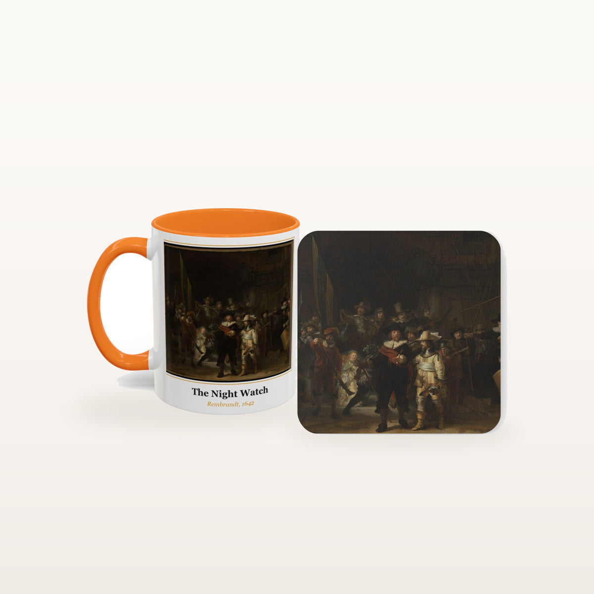 The Night Watch mug and the matching coaster side by side, both printed with the painting