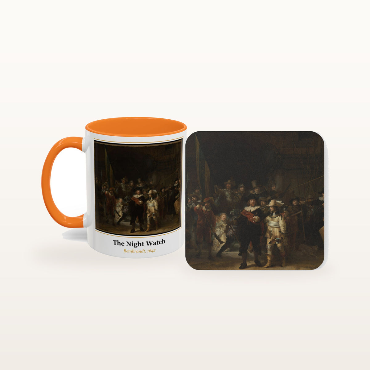 The Night Watch mug and the matching coaster side by side, both printed with the painting