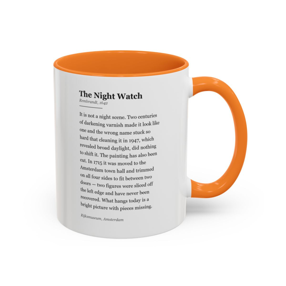 #28 The Night Watch mug — the story of the painting, on the face the drinker reads