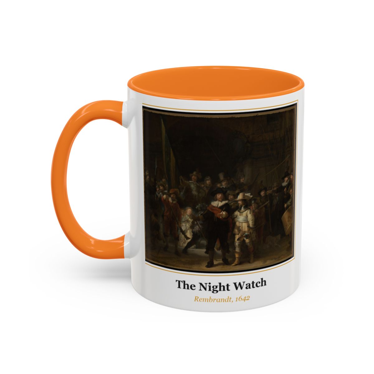 #28 The Night Watch mug — the framed painting with its title and artist beneath, as seen from across the table
