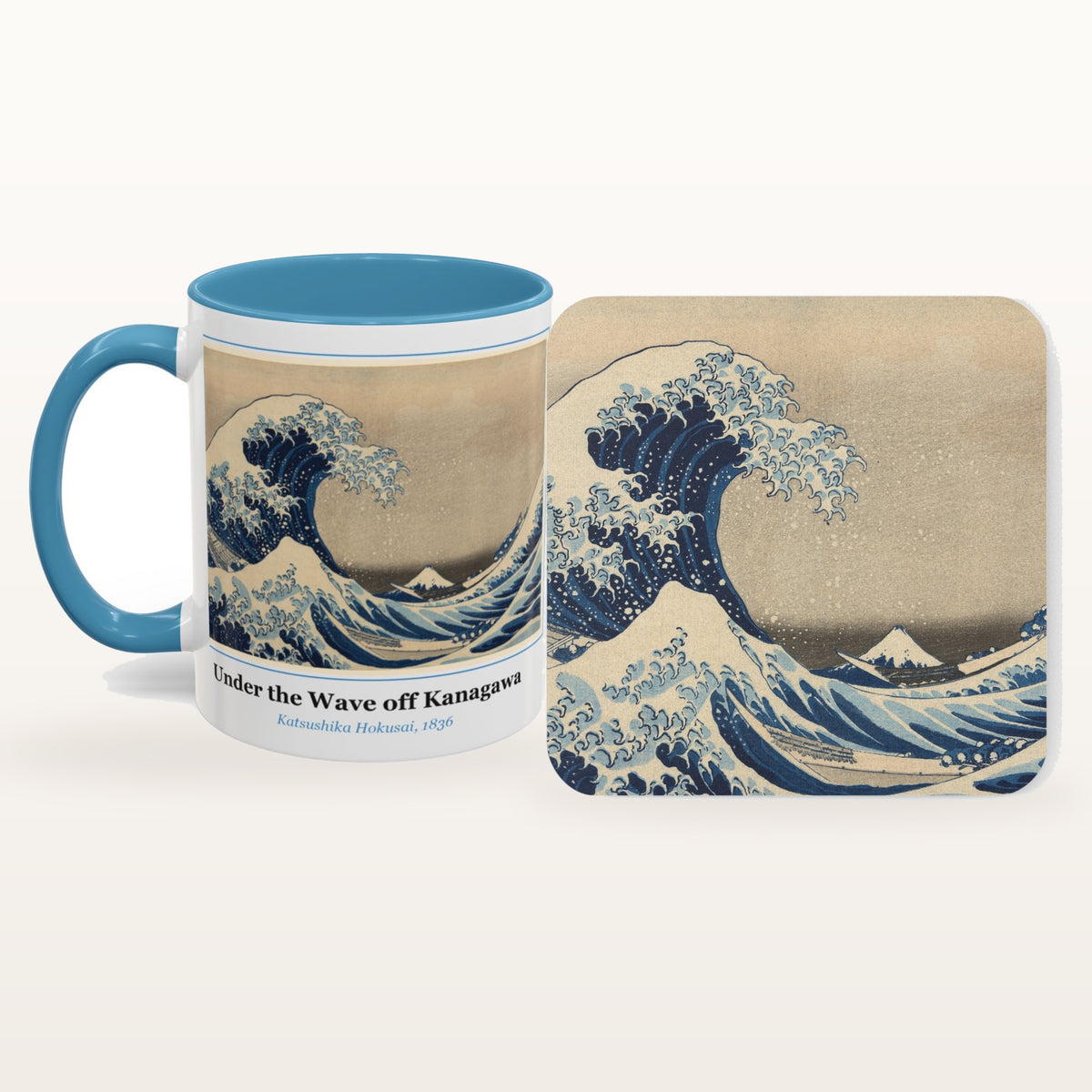 The Under the Wave off Kanagawa mug and the matching coaster side by side, both printed with the painting