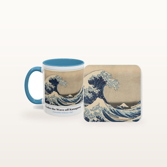 The Under the Wave off Kanagawa mug and the matching coaster side by side, both printed with the painting