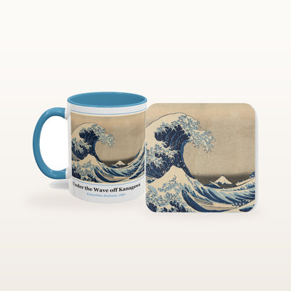 The Under the Wave off Kanagawa mug and the matching coaster side by side, both printed with the painting