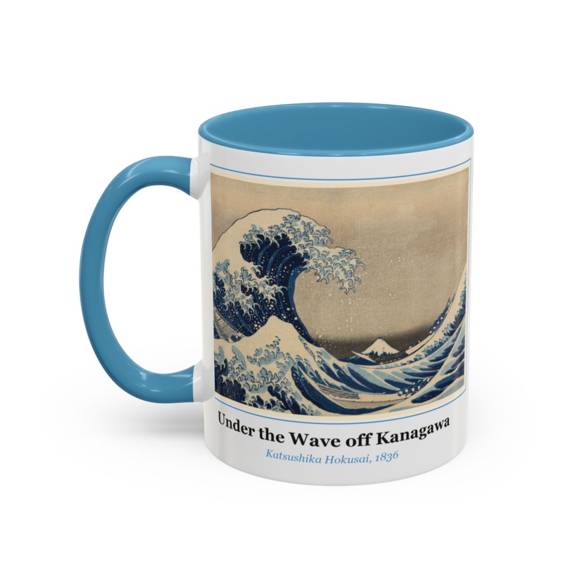 #29 Under the Wave off Kanagawa mug — the framed painting with its title and artist beneath, as seen from across the table