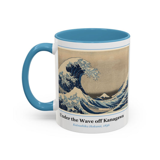 #29 Under the Wave off Kanagawa mug — the framed painting with its title and artist beneath, as seen from across the table