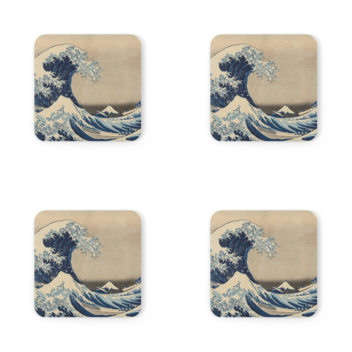 Four coasters printed with Under the Wave off Kanagawa