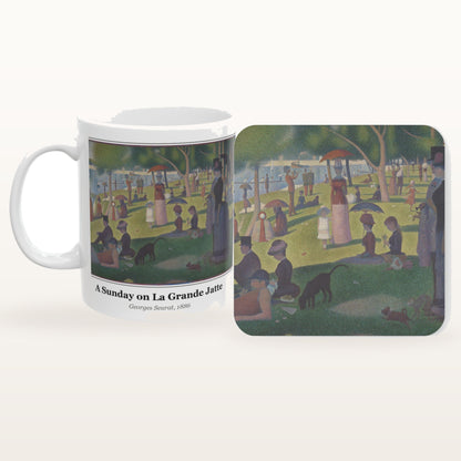 A Sunday on La Grande Jatte mug and the matching coaster side by side, both printed with the painting