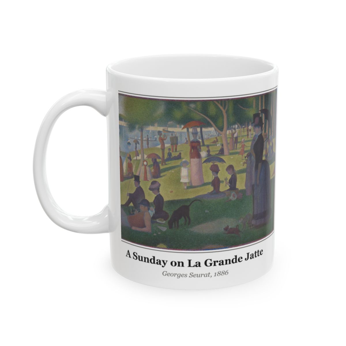 #30 A Sunday on La Grande Jatte mug — the framed painting with its title and artist beneath, as seen from across the table