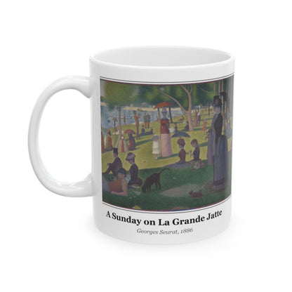 #30 A Sunday on La Grande Jatte mug — the framed painting with its title and artist beneath, as seen from across the table