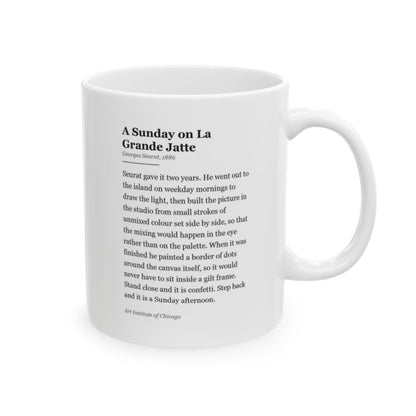 #30 A Sunday on La Grande Jatte mug — the story of the painting, on the face the drinker reads