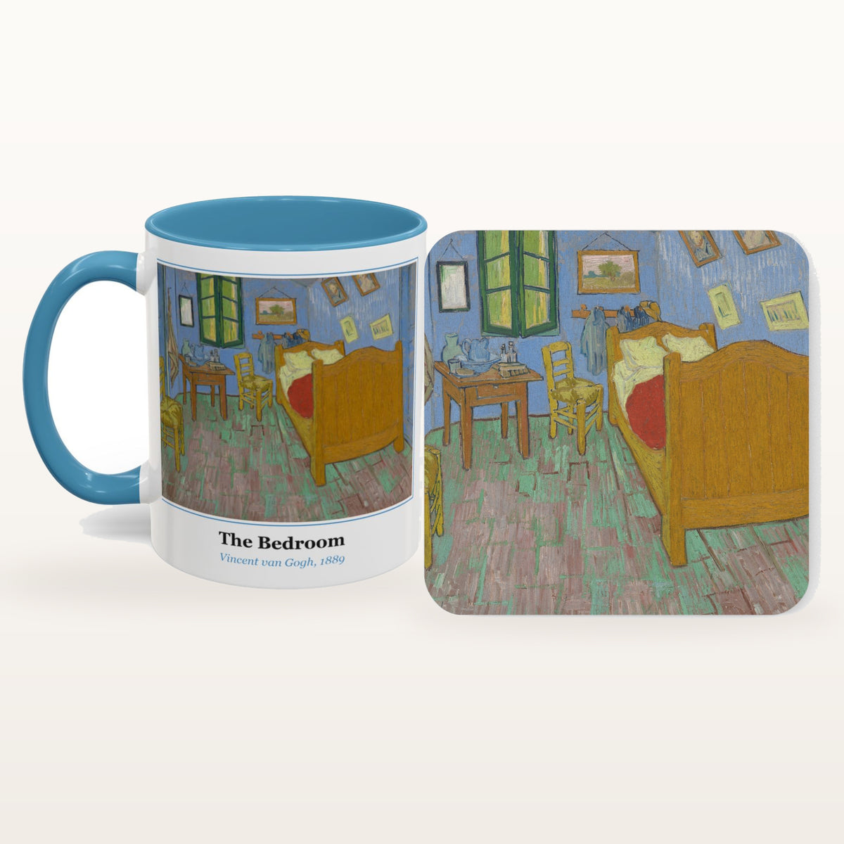 The Bedroom mug and the matching coaster side by side, both printed with the painting