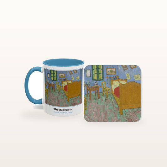 The Bedroom mug and the matching coaster side by side, both printed with the painting